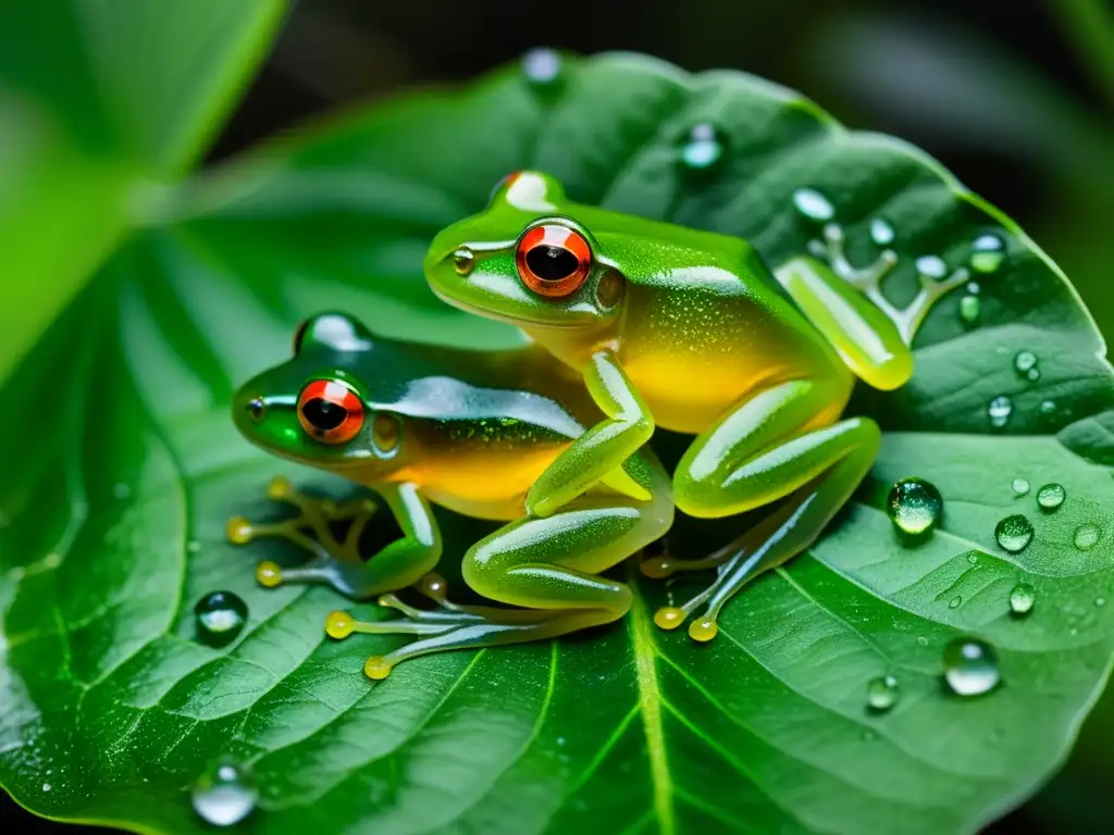 Reproducción de anfibios en ambientes extremos: Grupo de ranas de cristal en la selva lluviosa de Costa Rica, con gotas de agua sobre sus cuerpos