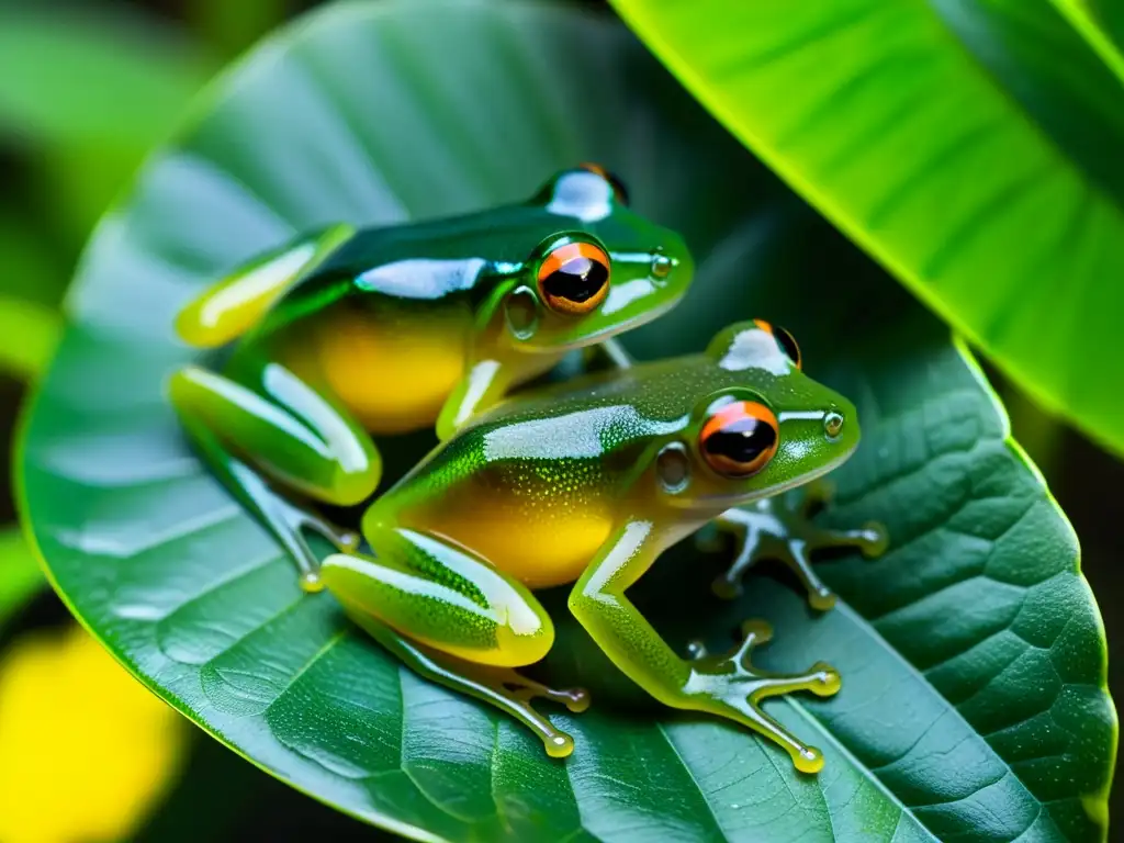 Reproducción de anfibios en ambientes extremos: imagen detallada de ranas de vidrio apareándose en la selva lluviosa, con sus patrones y colores vibrantes