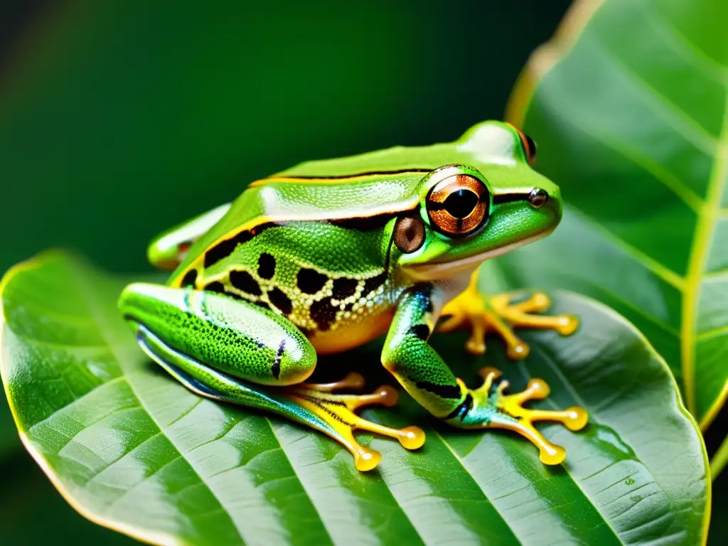 Fotografía de anfibios consejos: Detalle asombroso de una rana arbórea verde en su hábitat natural, con piel traslúcida y ojos dorados