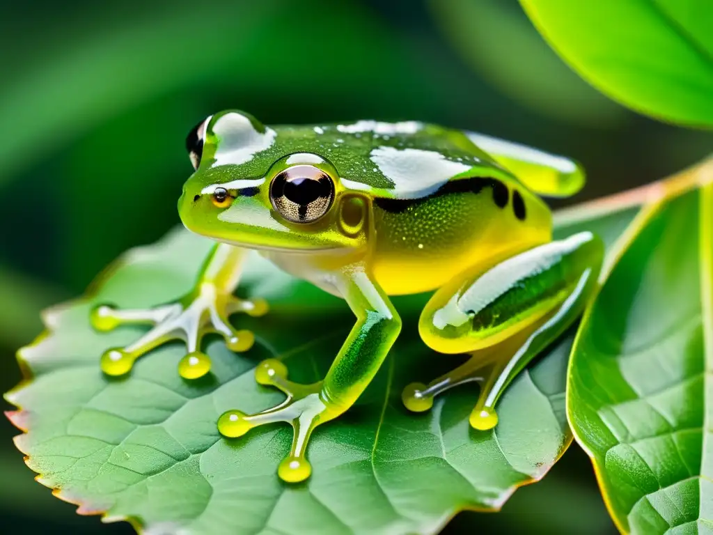 Biología de anfibios transparentes: Imagen detallada de una rana de cristal sobre una hoja, mostrando su piel translúcida y órganos internos