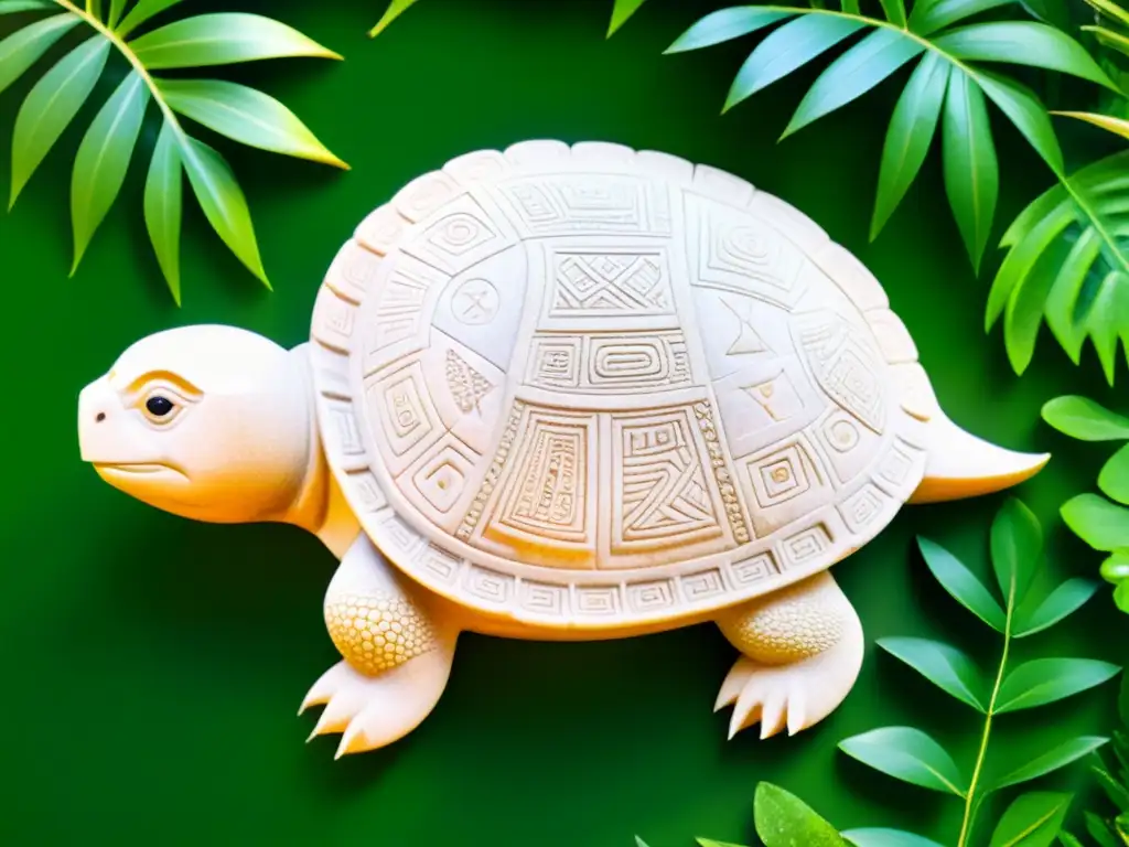 Misterioso grabado de tortuga en la selva Una antigua talla de piedra muestra una tortuga con patrones y símbolos grabados, rodeada de ofrendas y objetos ceremoniales
