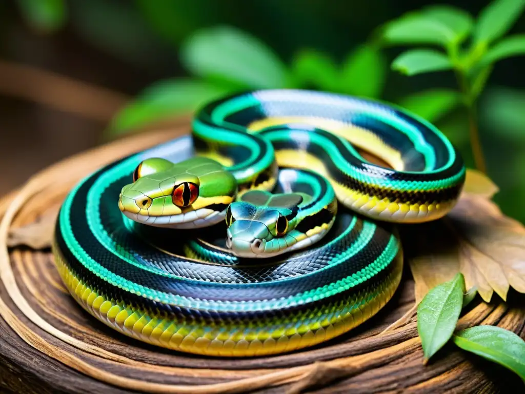 Apareamiento en serpientes para cría: Detalle de serpientes entrelazadas en ritual de apareamiento, con patrones y texturas de escamas, y ambiente natural