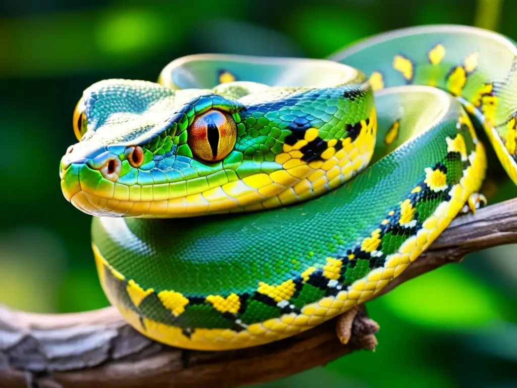 Un árbol serpenteante de pitón verde en una rama, con escamas vibrantes y ojos amarillos penetrantes, capturando la belleza reptiliana