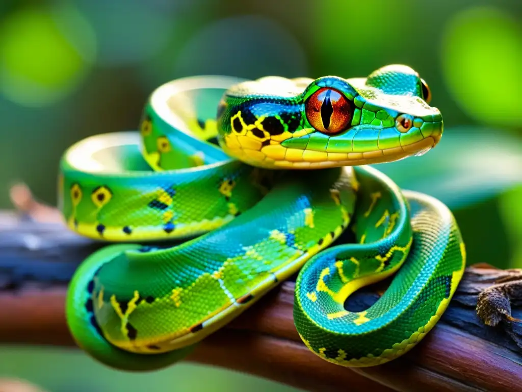 Un árbol de la serpiente verde enroscado alrededor de una rama, con sus escamas vibrantes brillando al sol