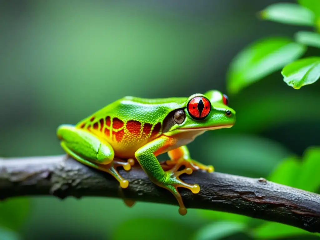 Un árbol verde brillante con una rana en primer plano, sus ojos rojos brillantes y su piel traslúcida