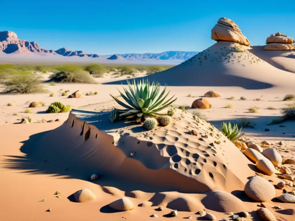 Un hábitat árido con cactus, un lagarto camuflado y un cielo azul, enriqueciendo la conservación del entorno desértico