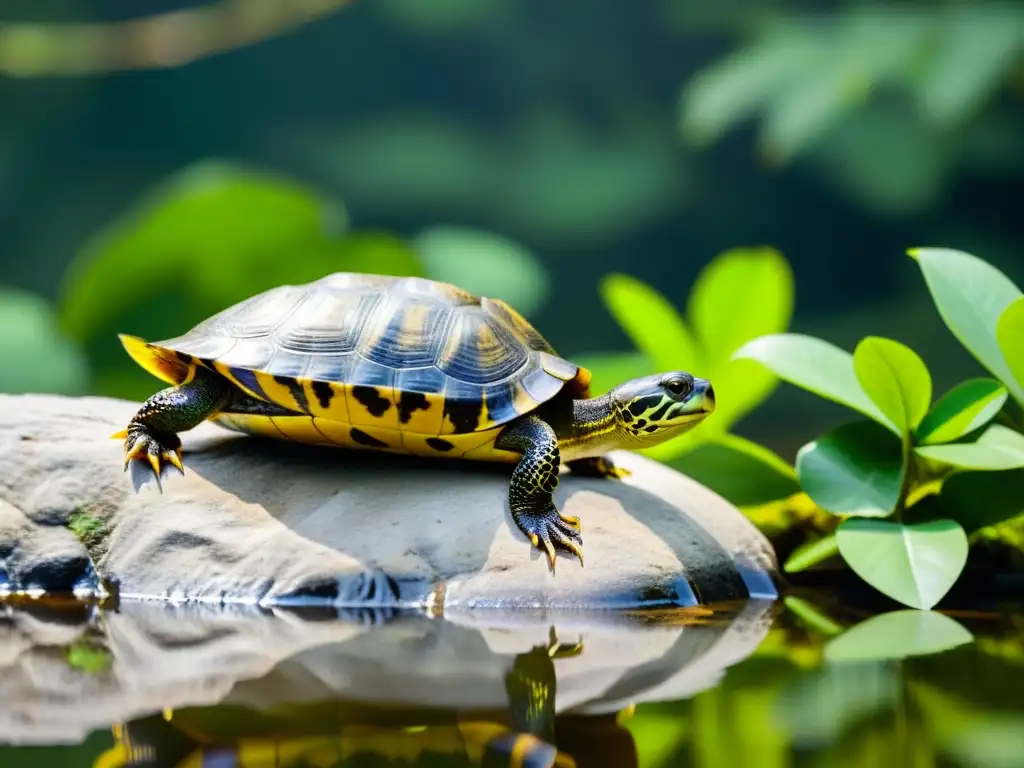 Armoniosa interacción entre reptiles de tierra y especies acuáticas en su hábitat natural, con una serena tortuga y una serpiente terrestre, rodeados de exuberante vegetación y un estanque tranquilo