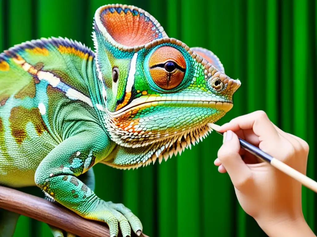 Un artista hábil pinta con precisión un retrato vibrante de un camaleón, promoviendo la conservación de reptiles a través de la creatividad