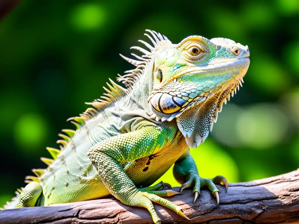 Una asombrosa iguana verde posada en una rama, con detalles asombrosos de sus escamas, garras y expresivos ojos