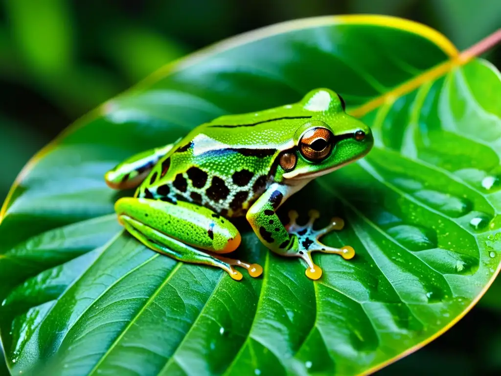 Un asombroso ágil de rana arbórea verde en la selva tropical