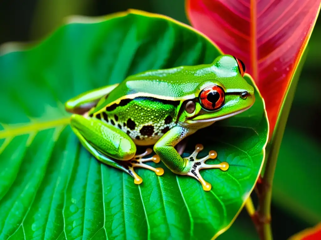 Un asombroso árbol de la selva tropical con una rana verde vibrante descansando en una hoja