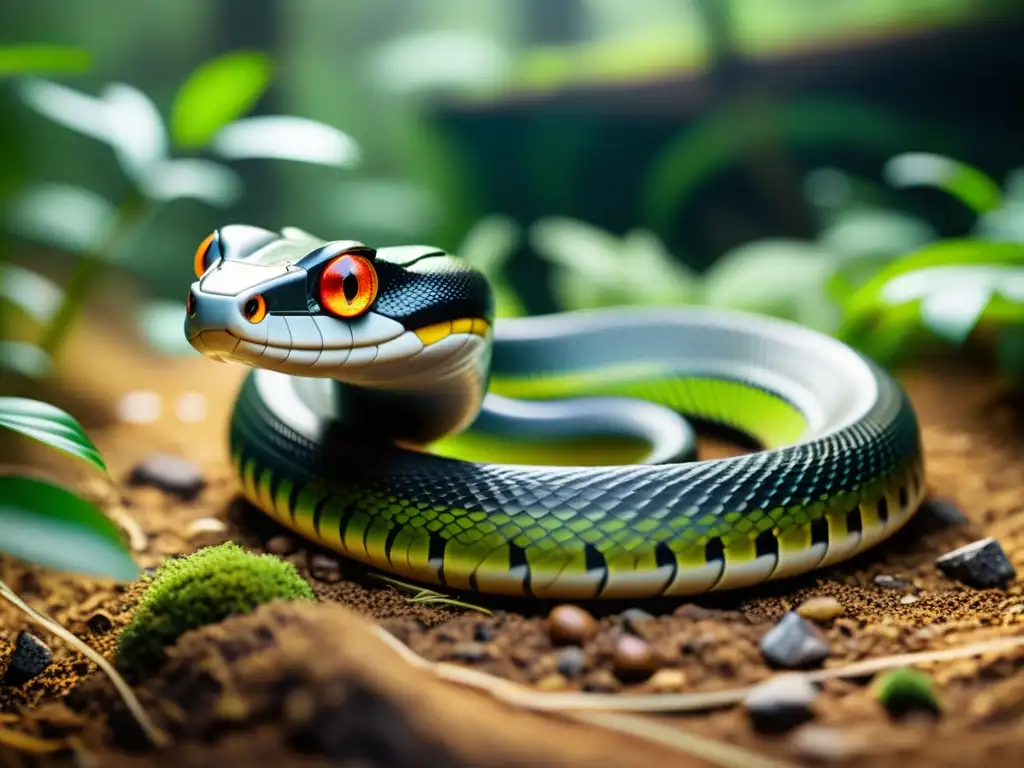 Un asombroso robot serpiente se desliza por un entorno natural, con detalles mecánicos impresionantes y movimientos realistas