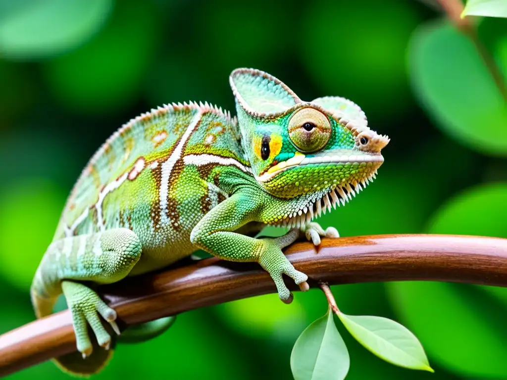 Un asombroso camaleón verde capturando un insecto con su larga lengua en su hábitat natural