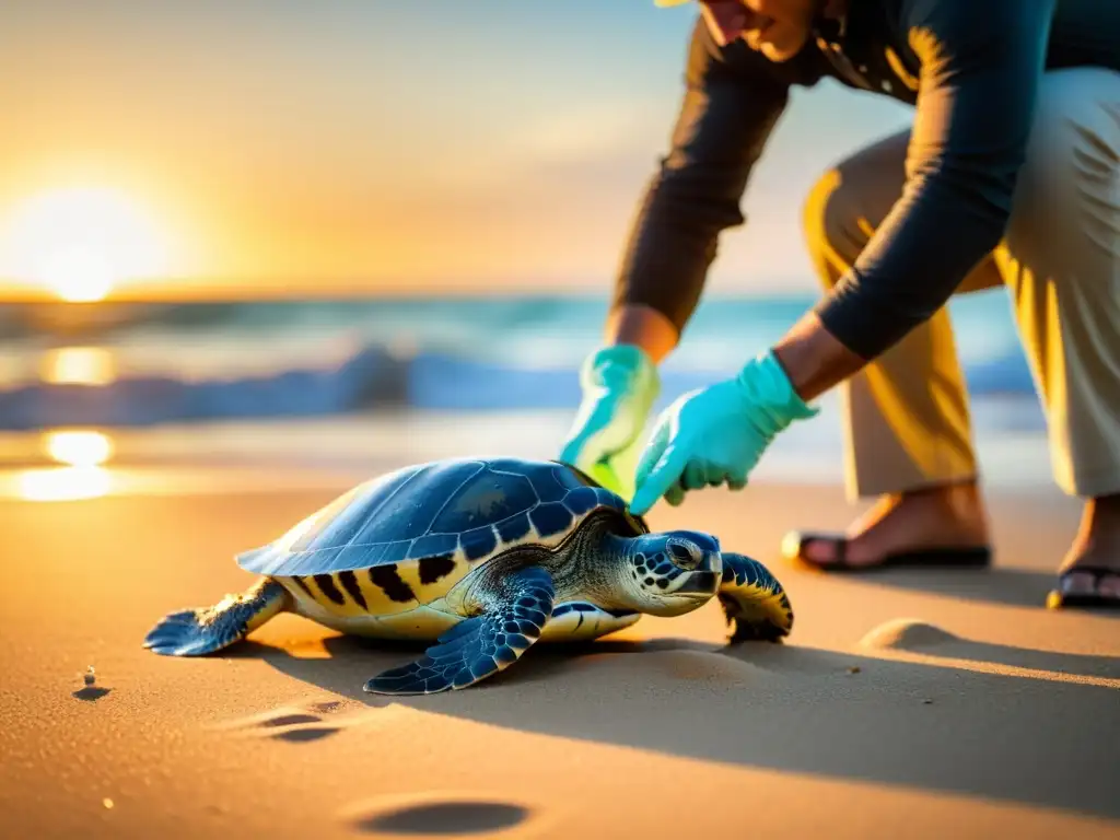 Un atardecer dorado ilumina a biólogos liberando crías de tortugas marinas en la playa