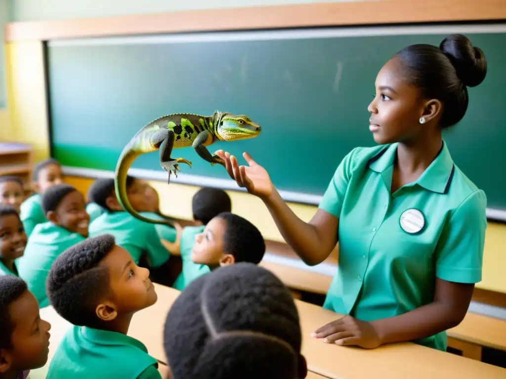 'Una aula iluminada con estudiantes comprometidos rodeando a un educador sosteniendo un reptil, incorporando reptiles en el currículo escolar