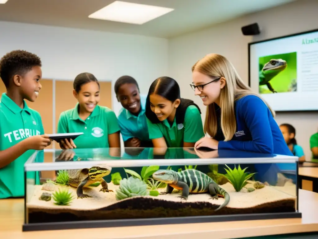 Una aula llena de estudiantes participando activamente en una experiencia educativa con reptiles, incorporando reptiles en el currículo escolar