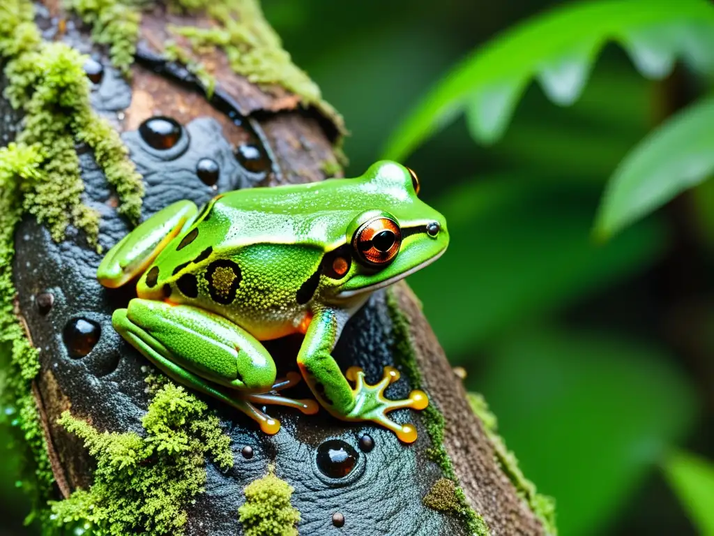 Avanzada cámara trampa en selva tropical captura rana arbórea en salto