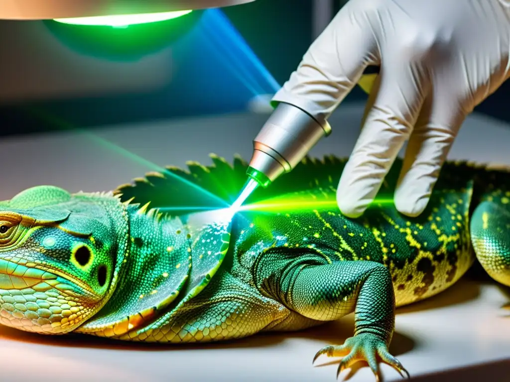 Avanzado tratamiento de heridas en reptiles con tecnología láser, en imagen detallada y precisa