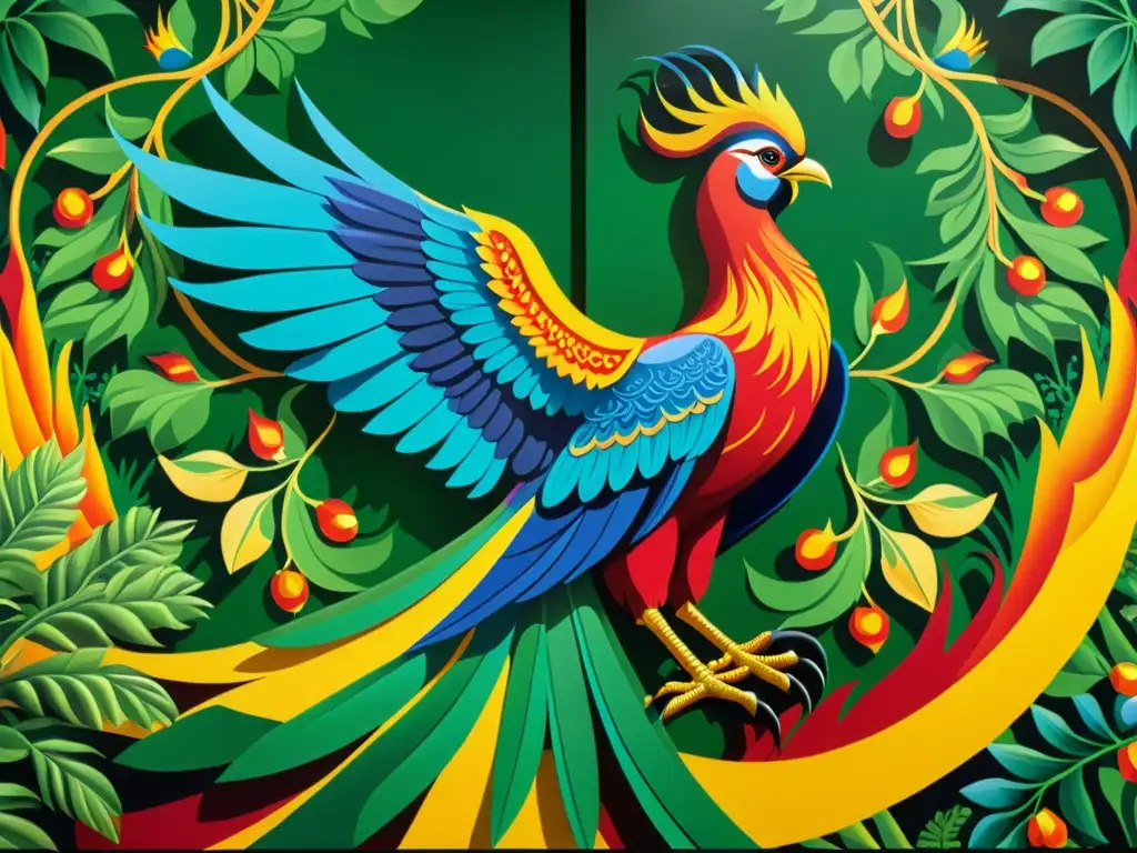 Aves míticas en vibrante mural de tradición cultural, con detalles de plumas y llamas, enmarcado en exuberante vegetación y colores intensos