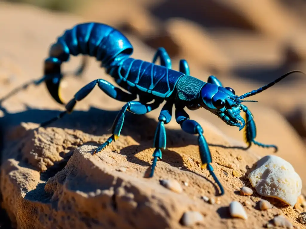 Un escorpión azul raro posado en una roca en su hábitat natural, resaltando la conservación del escorpión azul raro