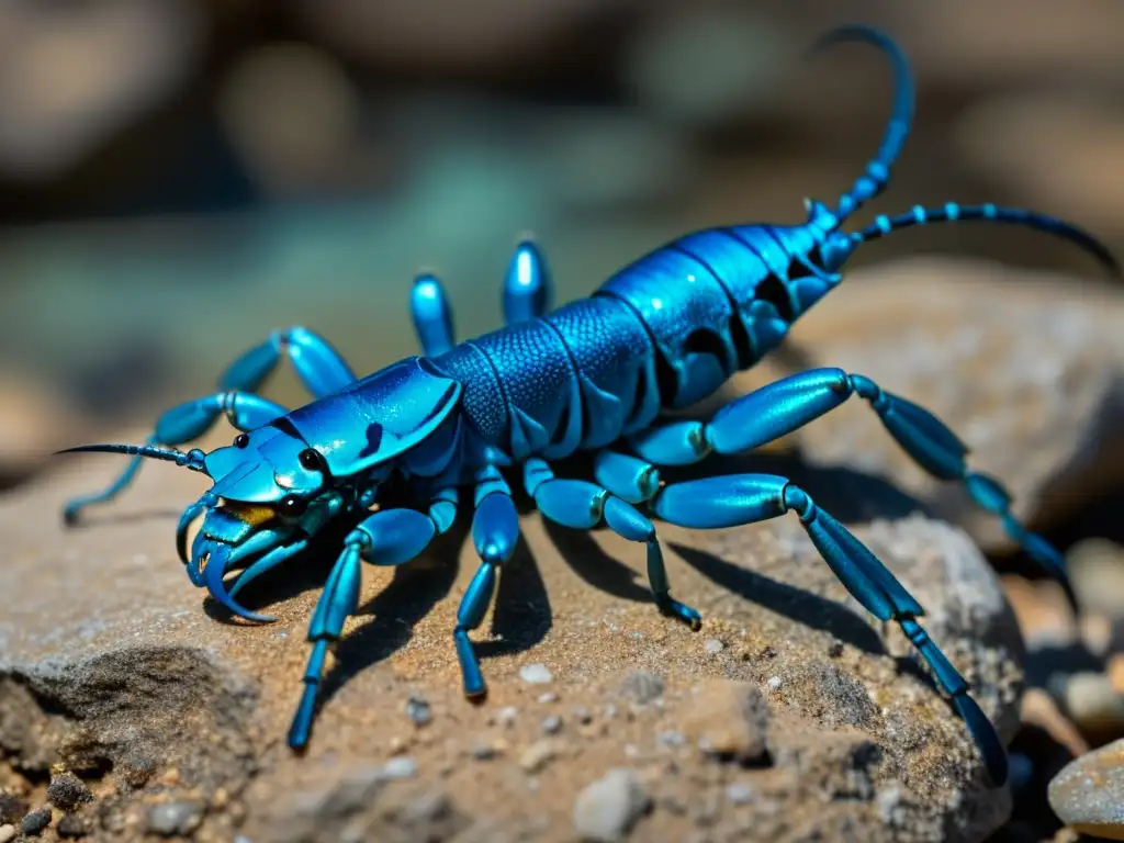 Un escorpión azul raro posado en una superficie rocosa, destacando su exoesqueleto vibrante y patrones intrincados