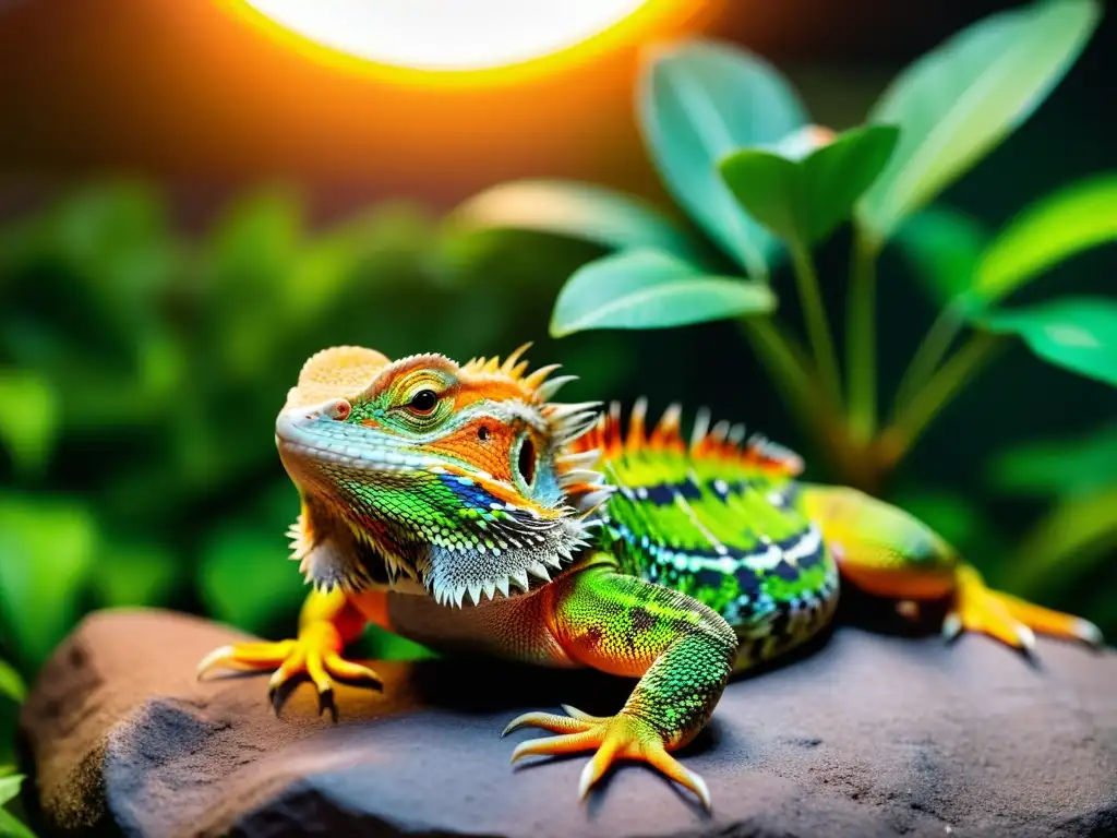 Un bearded dragon regordete toma sol en su terrario, rodeado de exuberante vegetación