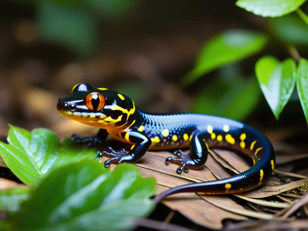 Una bella salamandra emerge del suelo del bosque, su piel húmeda reluce bajo la luz filtrada