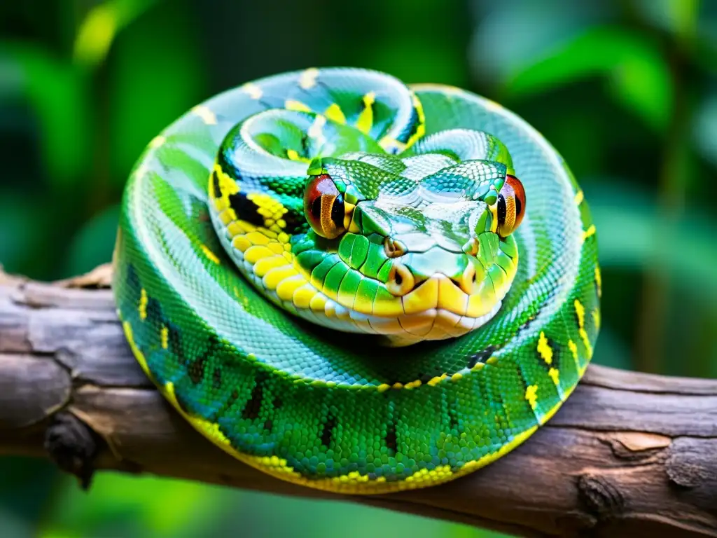 Bella serpiente verde en la selva tropical, iluminada por el sol