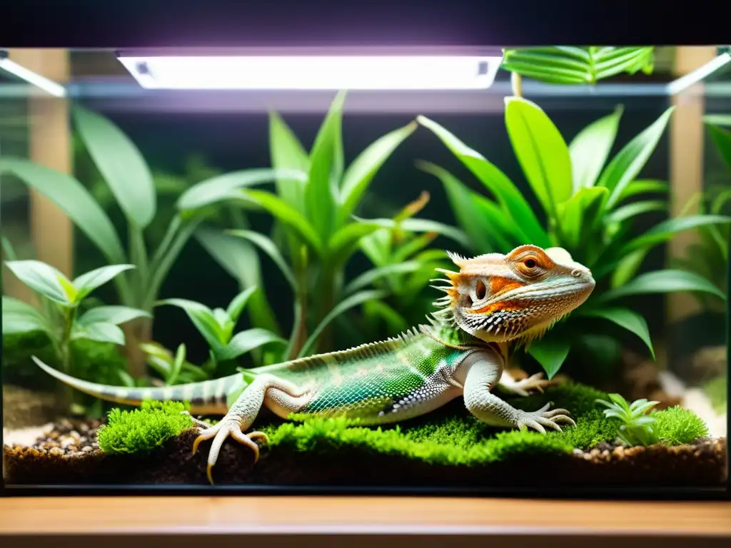 Terrario bioactivo para lagartos con plantas vivas, escondites y un dragón barbudo disfrutando del ambiente cálido y natural