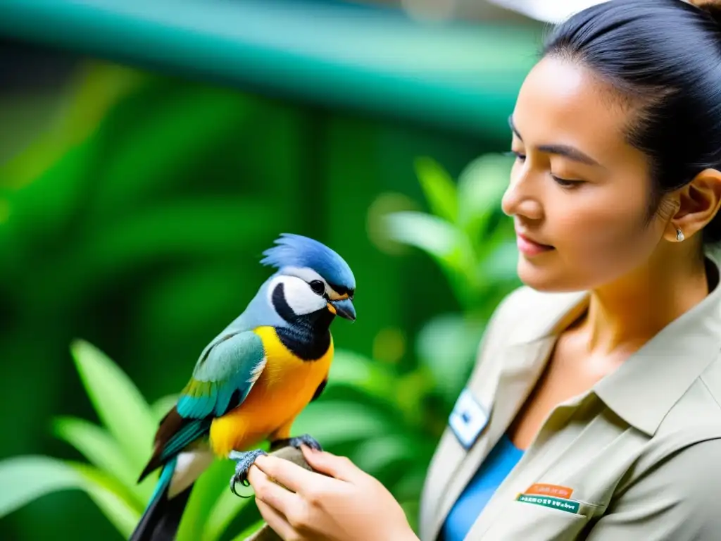 Biólogo de conservación alimenta a ave en peligro en zoológico