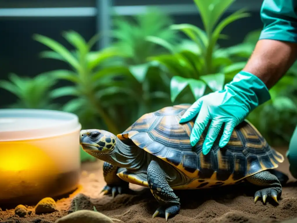 Un biólogo de conservación mide cuidadosamente la carapaza de una tortuga Galápagos en cautiverio, resaltando las texturas únicas