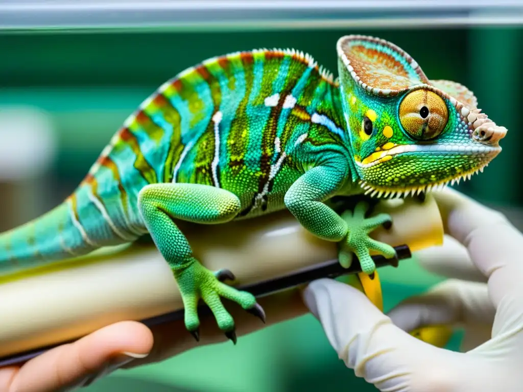 Un biólogo sostiene cuidadosamente un camaleón colorido en un taller de biología de reptiles, examinando sus escamas