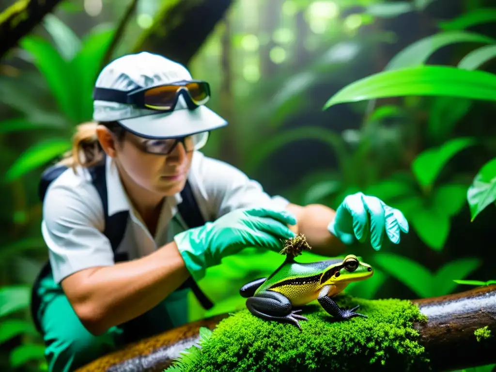 Biólogo capturando con cuidado anfibio exótico en exuberante selva tropical, resaltando prevención y control de anfibios exóticos