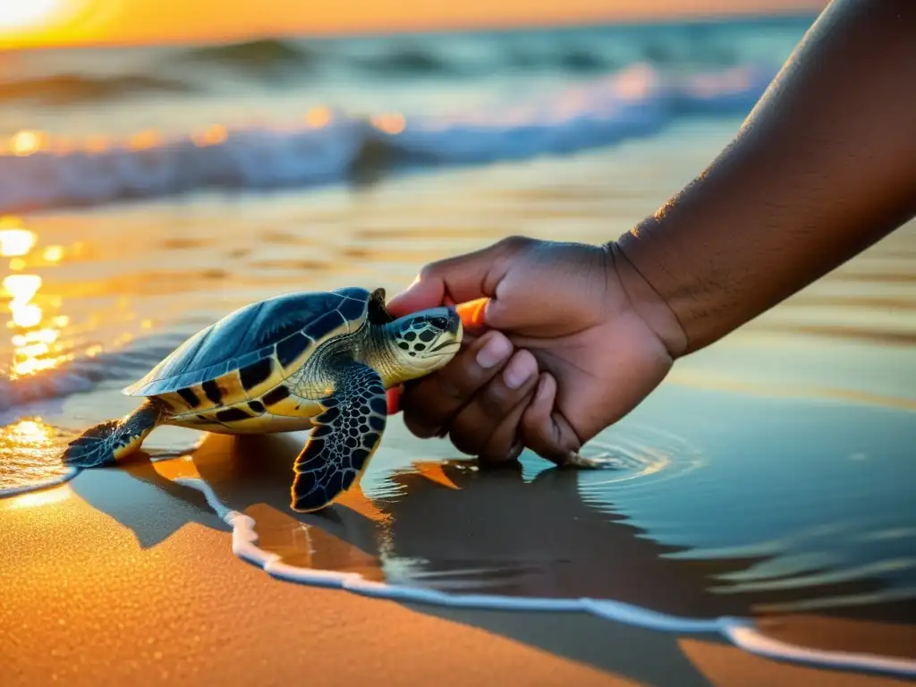 Un biólogo de conservación libera con cuidado una cría de tortuga marina al océano al atardecer