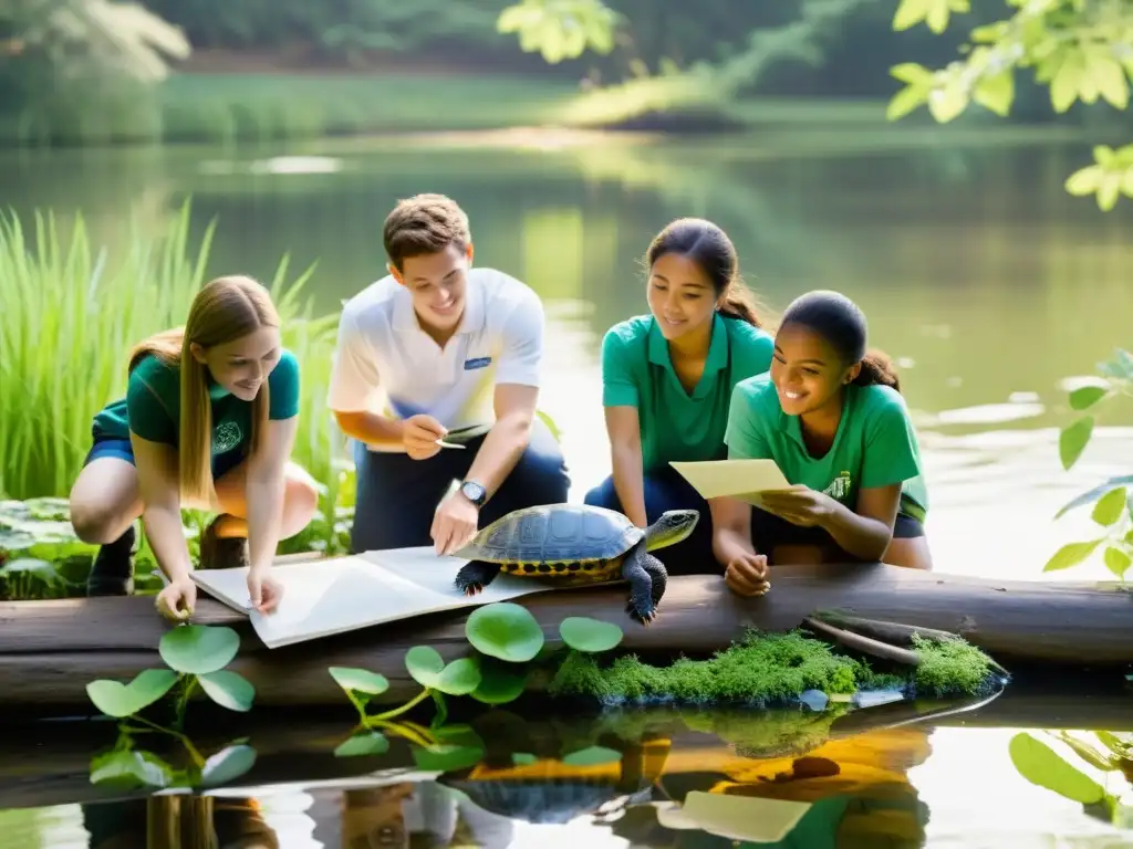 Biólogo y estudiantes observan una tortuga en un estanque, con luz solar filtrándose entre los árboles