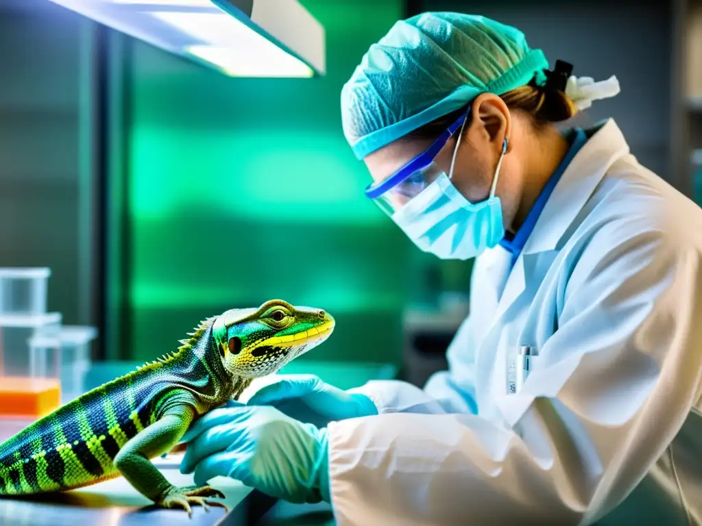 Un biólogo extrae material genético de un reptil en un laboratorio de cría selectiva de reptiles genética