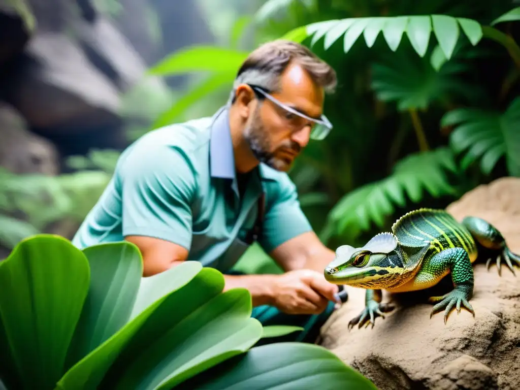 Biólogo utilizando métodos innovadores para conservación de reptiles en su hábitat natural, examinando detalladamente una especie rara