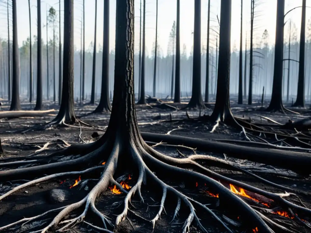 Un bosque calcinado muestra el impacto de los incendios forestales en reptiles y anfibios, con nuevos brotes emergiendo entre la destrucción