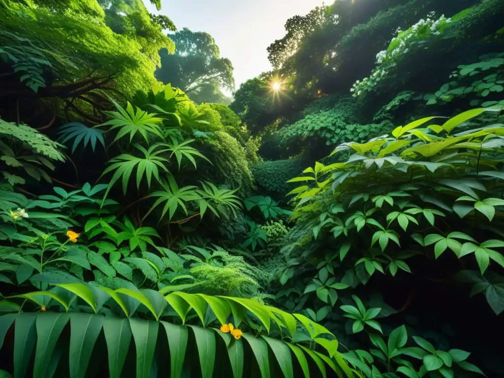 Un bosque denso y caótico, con plantas entrelazadas en un juego de luz y sombra