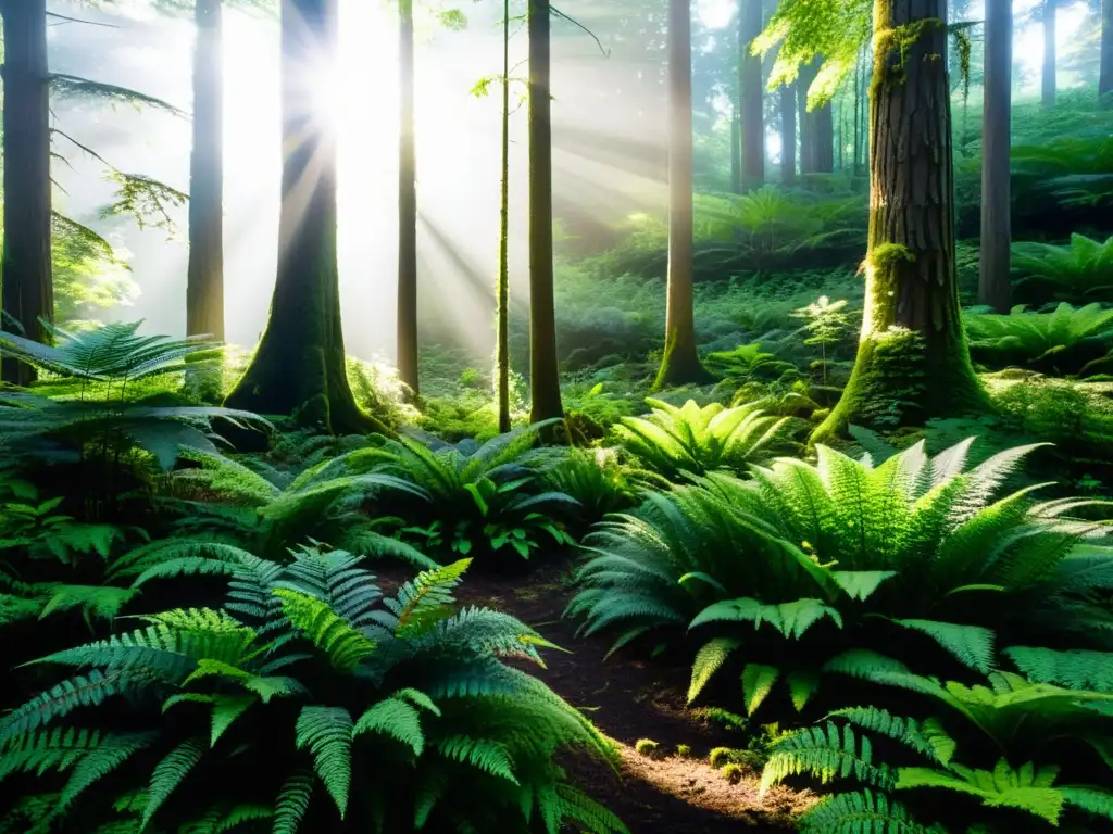 Un bosque exuberante y sereno, con árboles majestuosos y una gran variedad de flora