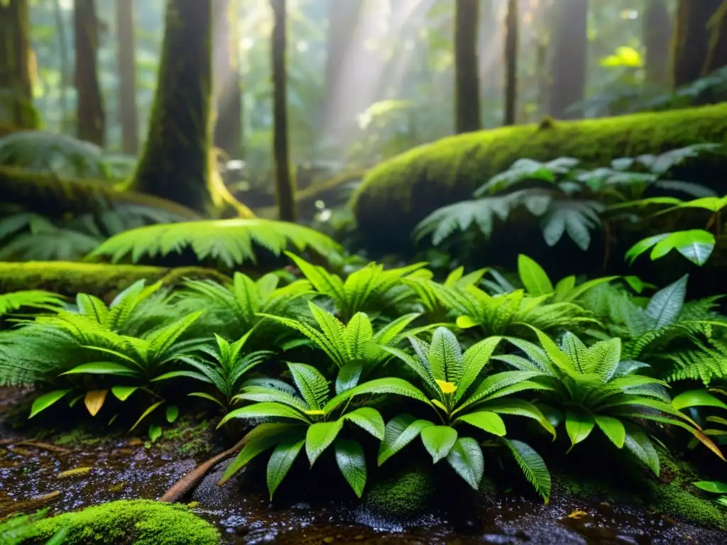 Un bosque lluvioso exuberante con musgo verde, helechos delicados y charcos de agua