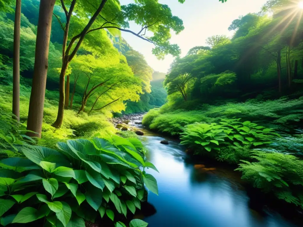 Un bosque sereno y bañado por el sol con un dosel verde exuberante y un arroyo tranquilo serpenteando