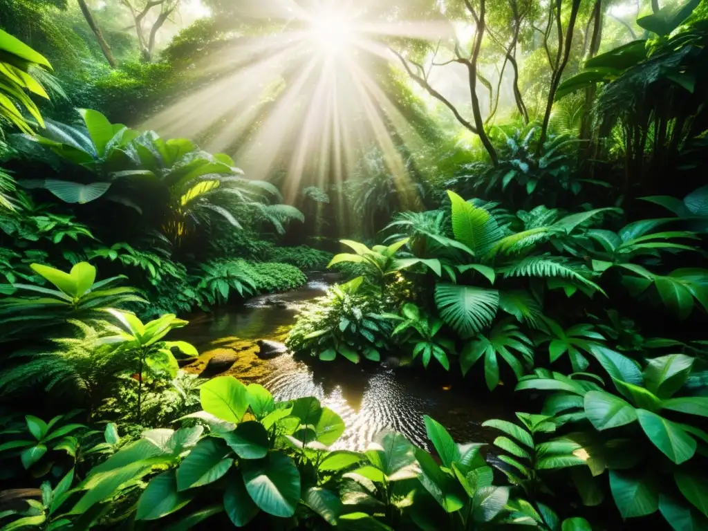 Un bosque tropical exuberante con un arroyo, reptiles interactuando y luz solar filtrándose, capturando el comportamiento reptiles en su ecosistema