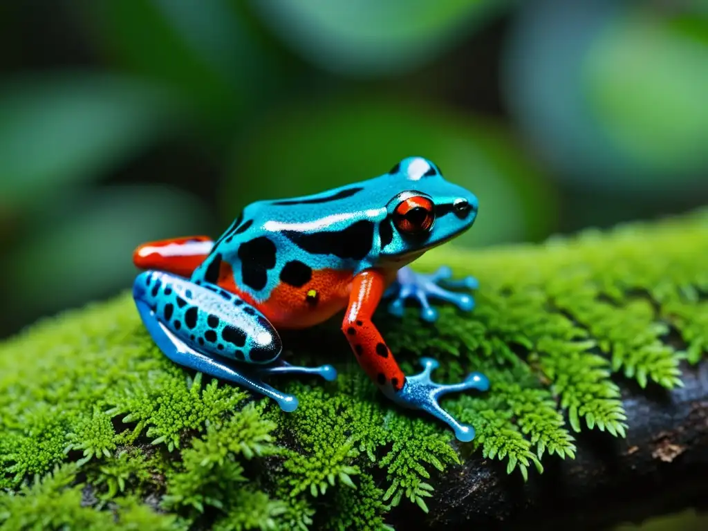 Un bosque tropical exuberante con una rana venenosa en un tronco cubierto de musgo