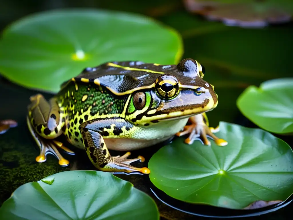 Un bullfrog invasor se posa en un lirio en un pantano, destacando su impacto invasor en su hábitat