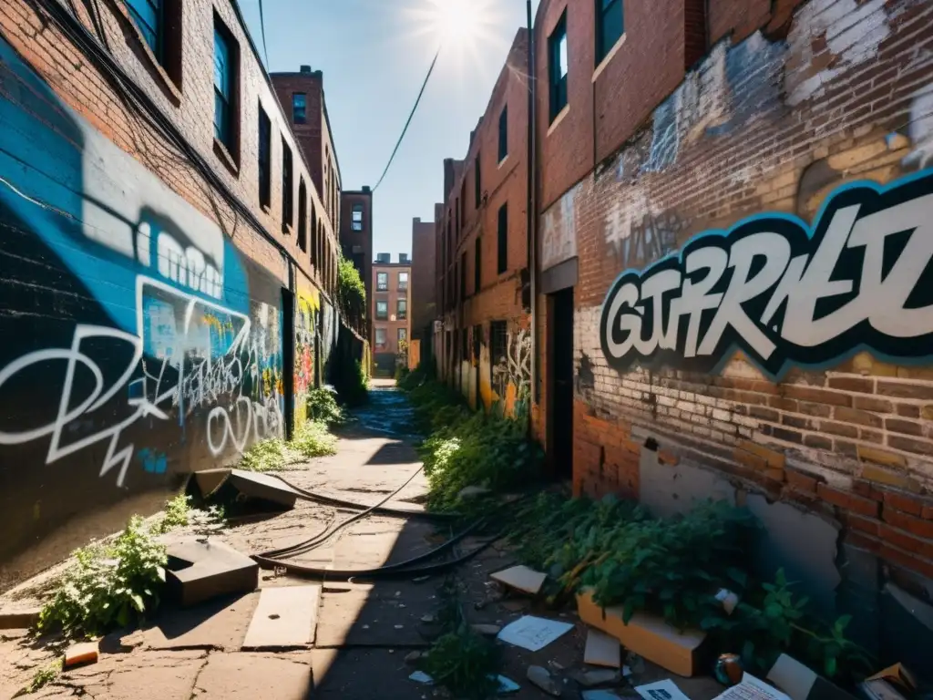 Un callejón urbano caótico y desordenado, con grafitis, cables y escombros