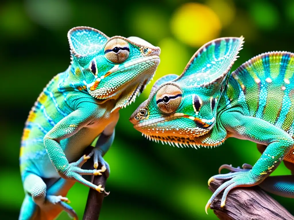 Dos camaleones macho en un ritual de apareamiento, desplegando colores vibrantes y movimientos cautivadores entre la exuberante vegetación