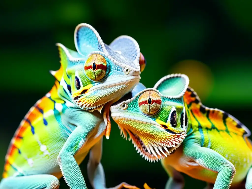 Dos camaleones en un ritual de apareamiento, con colores vibrantes y patrones detallados, en su hábitat natural