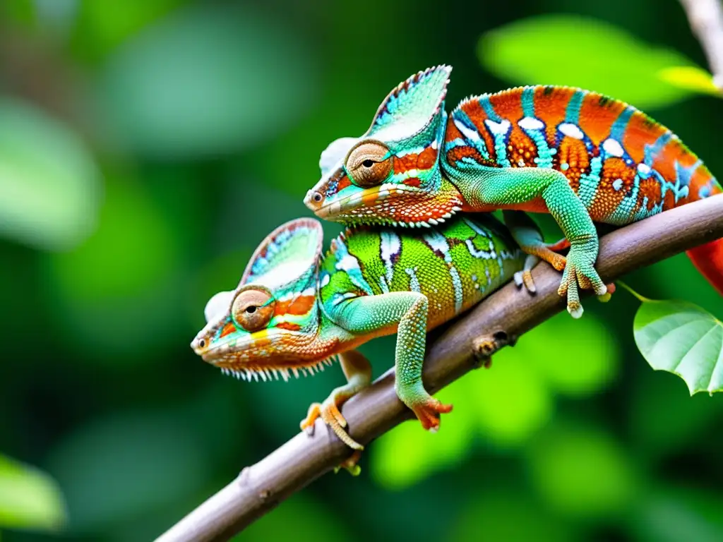 Dos camaleones en vibrante ritual de apareamiento entre la exuberante vegetación, mostrando sus vivos colores y patrones en detalle