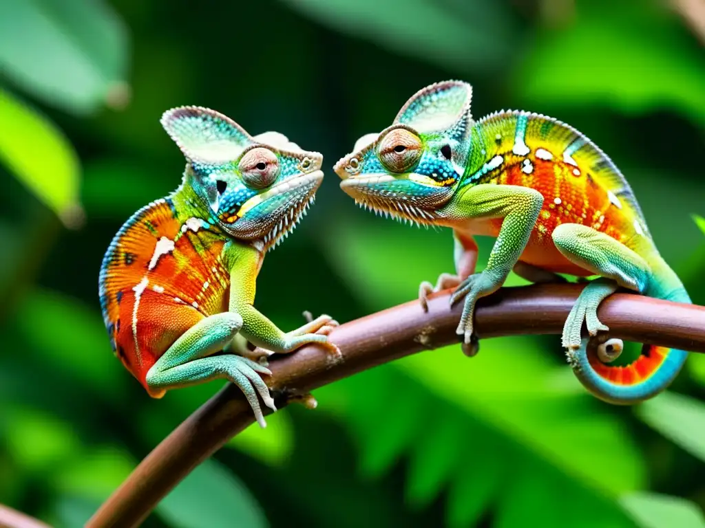 Dos camaleones vibrantes realizan un ritual de apareamiento en la exuberante selva tropical